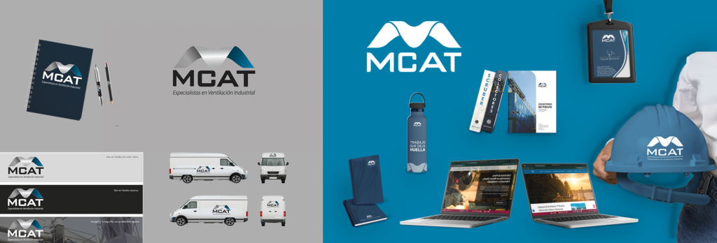Mockup de branding industrial en Toluca para MCAT, mostrando diseño de logotipos, rotulación de vehículos, papelería, uniformes y diseño web estratégico.